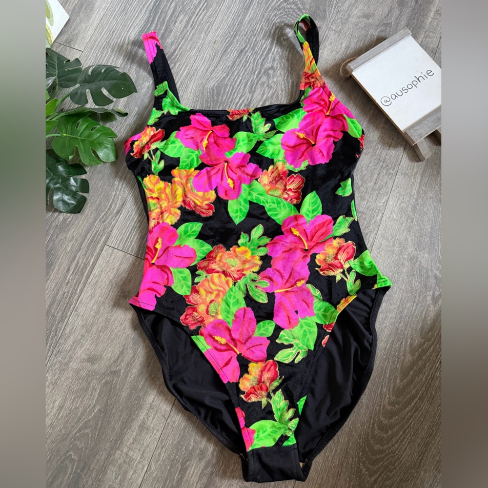 Sirena Vintage Metallic Hibiscus One-Piece Swimsuit in Neon Floral & Black. 14